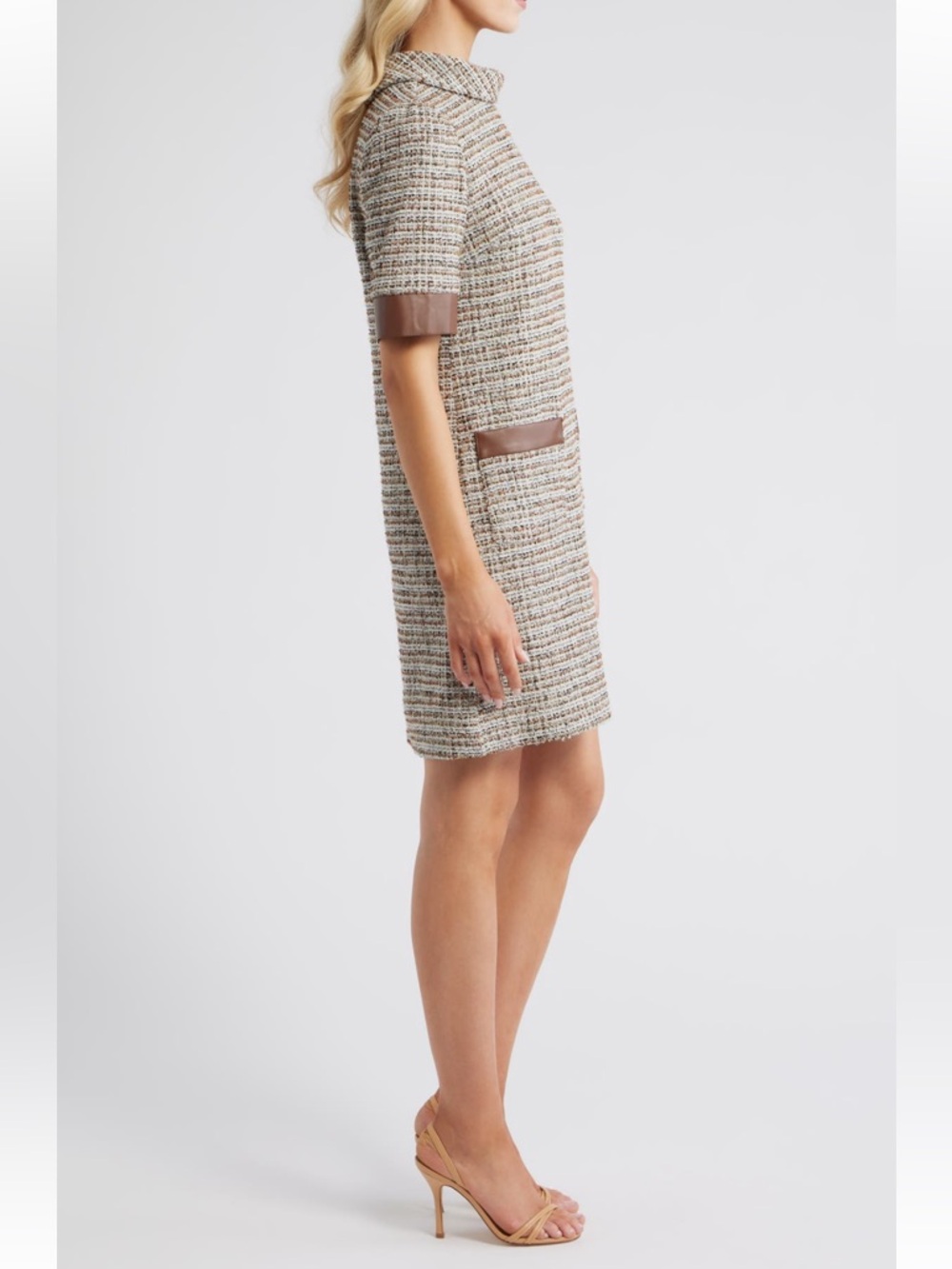 NWT Julia Jordan Faux-Leather-Trim Tweed Shift Dress size 10 - Picture 3 of 6